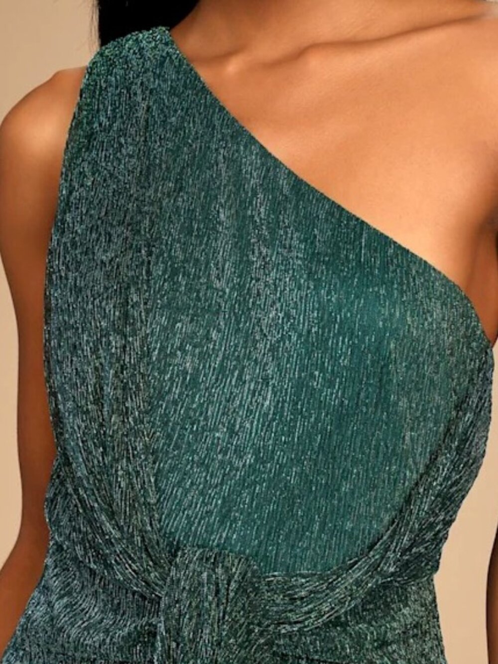 Lulus Glamorous Glitz Shiny Teal Green One-Shoulder Maxi Dress Size Medium NWOT - Picture 2 of 7